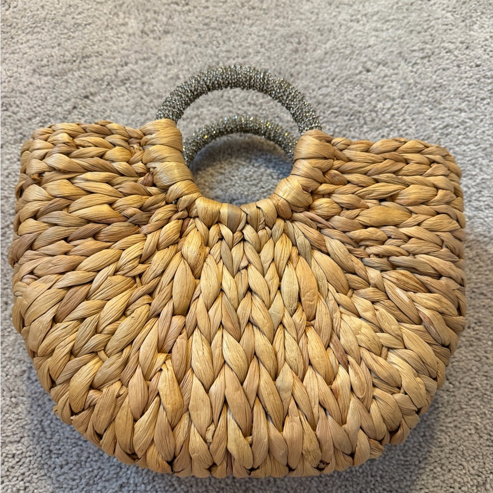 Woven Tan Handbag with Beaded Handles